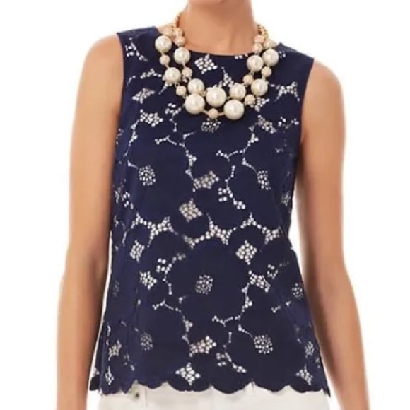 Lilly Pulitzer Navy Floral Lace Iona Shell Sleeveless Top Medium - Picture 8 of 8